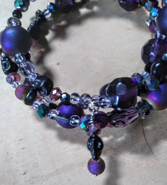 Electric Purple Aurora Crystal Gothic Bracelet With Black Skulls