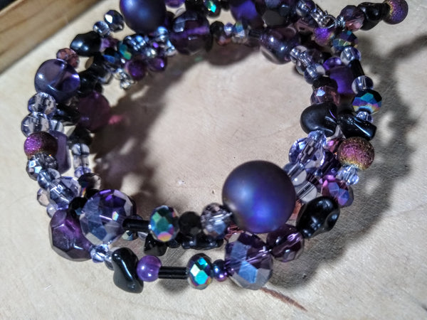 Electric Purple Aurora Crystal Gothic Bracelet With Black Skulls