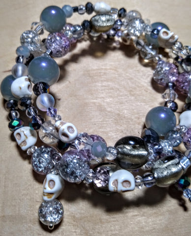 Shades of Twilight: Silver Foil Lampwork and Silver/Lavender Crystal Gothic Bracelet With Skulls