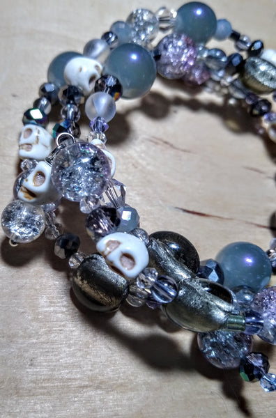Shades of Twilight: Silver Foil Lampwork and Silver/Lavender Crystal Gothic Bracelet With Skulls