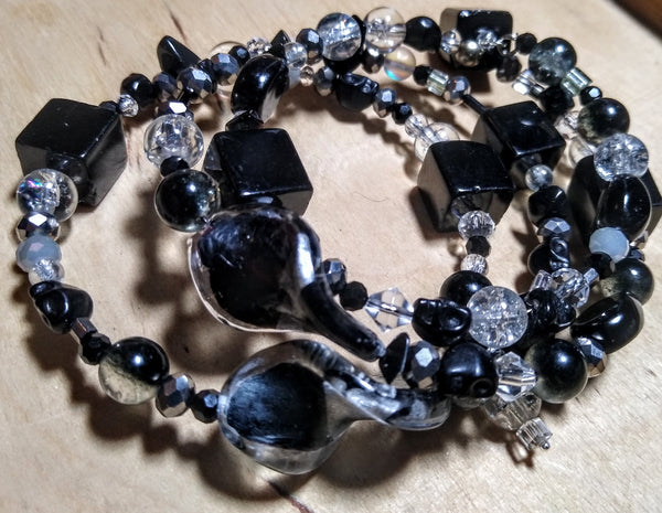 Cruella Chic Black, Silvery, and Crystal Gothic Bracelet With Black Skulls