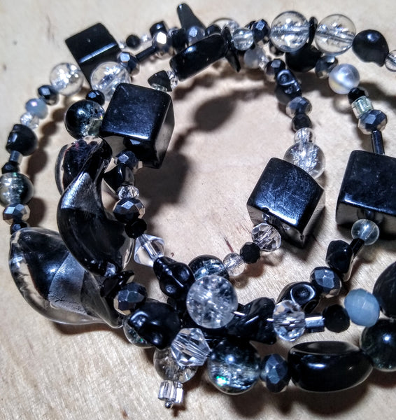 Cruella Chic Black, Silvery, and Crystal Gothic Bracelet With Black Skulls