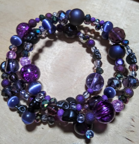 Midnight Rainbow Purple and Aurora Crystal Gothic Bracelet With Black Skulls