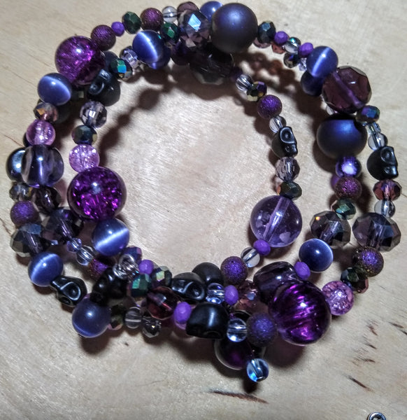 Midnight Rainbow Purple and Aurora Crystal Gothic Bracelet With Black Skulls