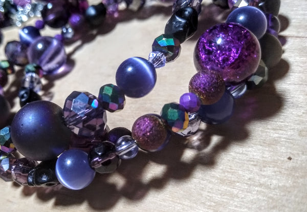 Midnight Rainbow Purple and Aurora Crystal Gothic Bracelet With Black Skulls