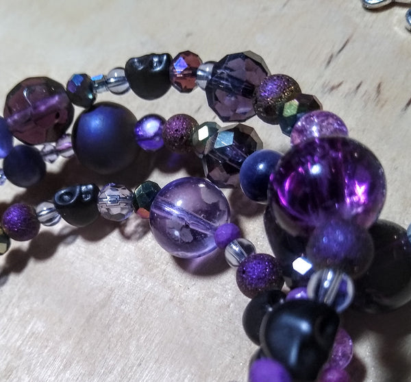 Midnight Rainbow Purple and Aurora Crystal Gothic Bracelet With Black Skulls