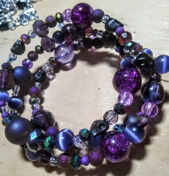 Midnight Rainbow Purple and Aurora Crystal Gothic Bracelet With Black Skulls