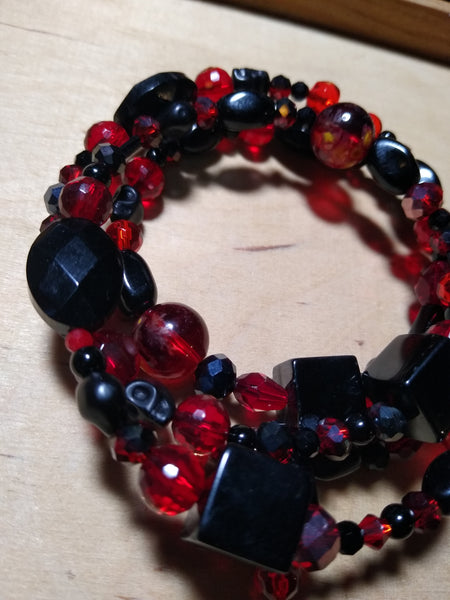 Onyx and Blood Aurora Crystal Gothic Bracelet With Black Skulls