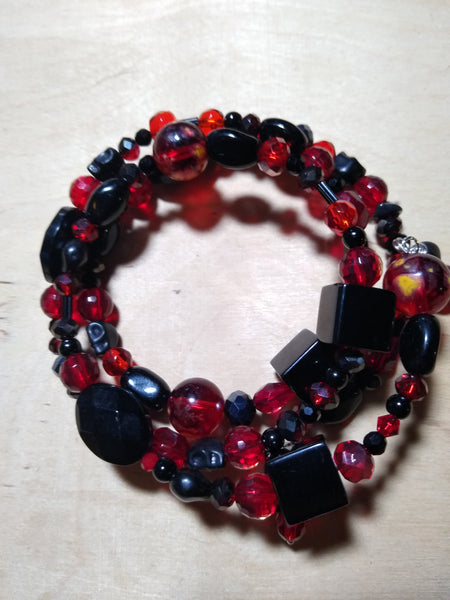 Onyx and Blood Aurora Crystal Gothic Bracelet With Black Skulls