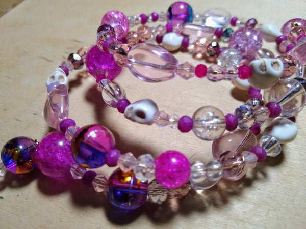 Violently Pink Gothic Crystal Bracelet with Skulls