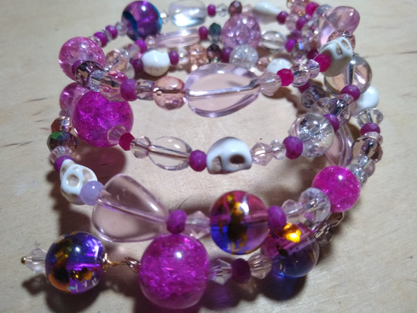 Violently Pink Gothic Crystal Bracelet with Skulls