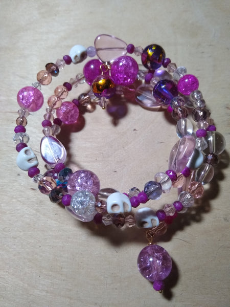 Violently Pink Gothic Crystal Bracelet with Skulls