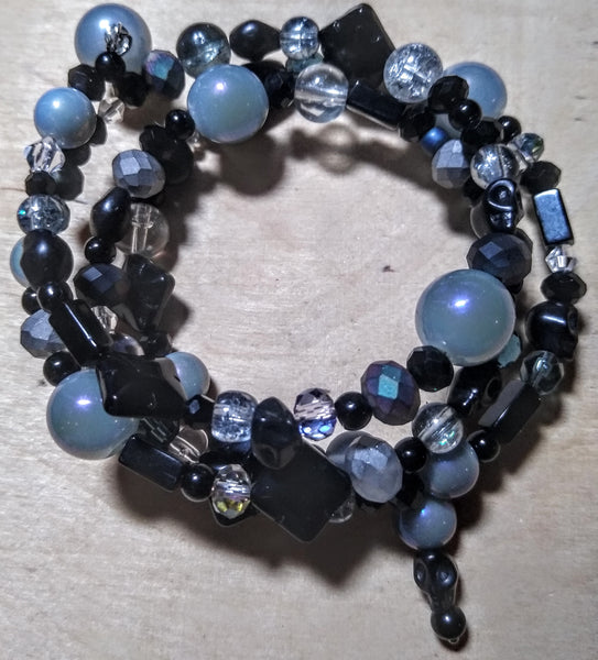 Black, Silver, and Oilslick Gray Crystal Bracelet with Black Skulls