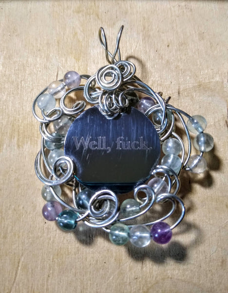 Tuesday Pendant-- Stainless Charm, Silverplated Wire, Rainbow Fluorite Beads