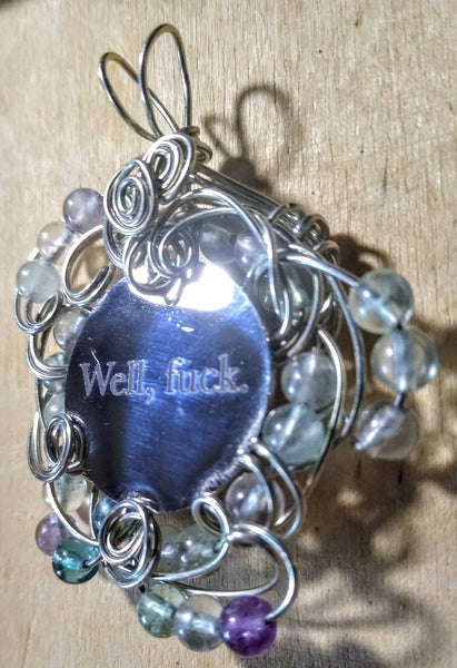 Tuesday Pendant-- Stainless Charm, Silverplated Wire, Rainbow Fluorite Beads