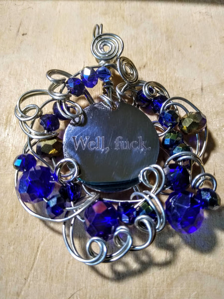 Tuesday Pendant-- Stainless Charm, Silverplated Wire, Cobalt Crystal Electroplated Beads