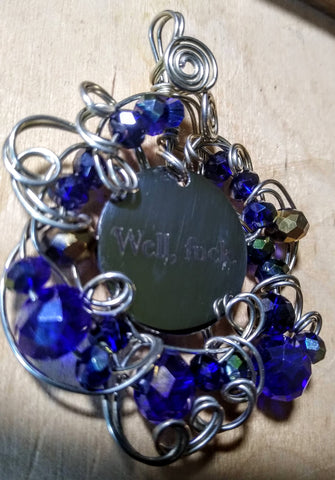 Tuesday Pendant-- Stainless Charm, Silverplated Wire, Cobalt Crystal Electroplated Beads