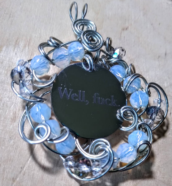 Tuesday Pendant-- Stainless Charm, Silverplated Wire, Opalite and Crystal Czech Beads