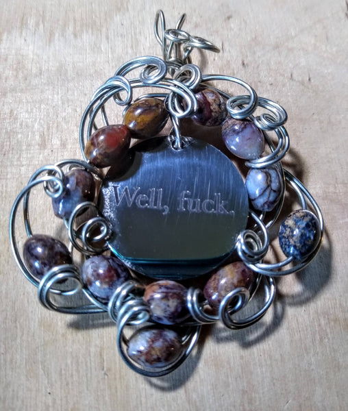 Tuesday Pendant-- Stainless Charm, Silverplated Wire, Landscape Jasper Beads