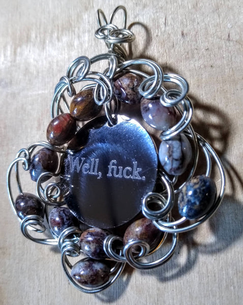 Tuesday Pendant-- Stainless Charm, Silverplated Wire, Landscape Jasper Beads