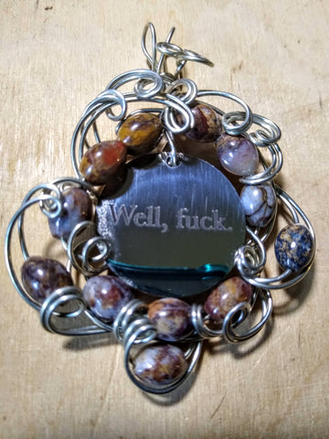 Tuesday Pendant-- Stainless Charm, Silverplated Wire, Landscape Jasper Beads