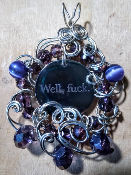 Tuesday Pendant-- Stainless Charm, Silverplated Wire, Purple Catseye and Crystal Electroplated Beads