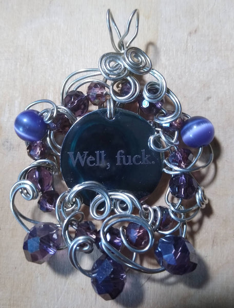 Tuesday Pendant-- Stainless Charm, Silverplated Wire, Purple Catseye and Crystal Electroplated Beads