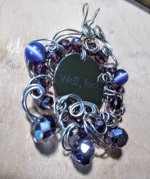 Tuesday Pendant-- Stainless Charm, Silverplated Wire, Purple Catseye and Crystal Electroplated Beads