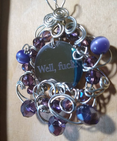 Tuesday Pendant-- Stainless Charm, Silverplated Wire, Purple Catseye and Crystal Electroplated Beads