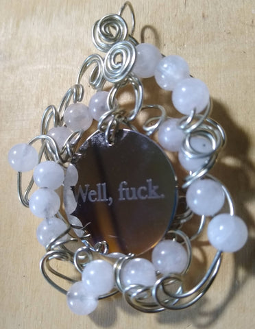 Tuesday Pendant-- Stainless Charm, Silverplated Wire, Rose Quartz Beads