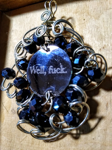 Tuesday Pendant-- Stainless Charm, Silverplated Wire, Black Hematite-finished Crystal Czech Beads