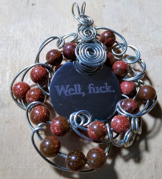 Tuesday Pendant-- Stainless Charm, Silverplated Wire, Goldstone Beads