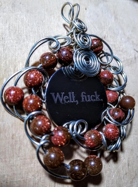 Tuesday Pendant-- Stainless Charm, Silverplated Wire, Goldstone Beads