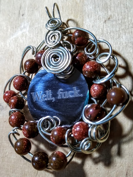 Tuesday Pendant-- Stainless Charm, Silverplated Wire, Goldstone Beads